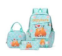 Capybara 3Pcs Backpack Set for Girls, Fish Pattern School Bag with Lunch Bag & Pencil Case, Cute Lightweight Bookbag for Kids Age 8-12, Preppy Back to School Bag for Children (Love, Green)