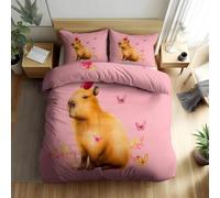 Capybara and Butterfly Duvet Cover Sets Pink King Bedding Set with Zipper Closure, Soft Microfiber Quilt Cover with 2 Pillowcases 50x75cm GH1193