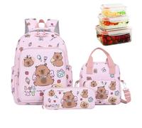 Capybara Backpack, Bookbag Set, 3 Piece Backpack with Lunch Bag and Pencil Case, Adorable Animal Schoolbag for School, Girls, Students, Outdoor, Travel, Daily Use, Pink Brown Black