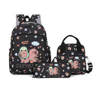 Capybara Backpack For School, 3Pcs Set Cute Preppy Kawaii Aesthetic Backpack For Boys Girls，Black