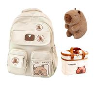 Capybara Backpack For School With Lunch Box, Cute Preppy Kawaii Aesthetic Backpack With Pin And Accessories (Beige)