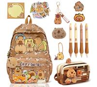 Capybara Backpack School Bag Set with Pencil Case, 4 Erasable Gel Pens, Plush Toy & Keychain Stickers Sticky Notes Mini Capybara Plush-Kawaii Animal Bookbag Rucksack for Kids Riding Water Cup Parts