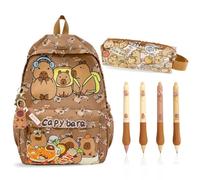 Capybara Backpack School Bag Set with Stationery, Cartoon Children's Large Capacity Kids Rucksack Animal Bookbag, Kawaii Pencil Case, Kapibara Erasable Pen & Keychain Gift for Girls Boys (A3)