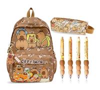 Capybara Backpack School Bag Set with Stationery, Cartoon Children's Large Capacity Kids Rucksack Animal Bookbag, Kawaii Pencil Case, Kapibara Erasable Pen & Keychain Gift for Girls Boys (A1)