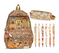 Capybara Backpack School Bag Set with Stationery, Cartoon Children's Large Capacity Kids Rucksack Animal Bookbag, Kawaii Pencil Case, Kapibara Erasable Pen & Keychain Gift for Girls Boys (A2)