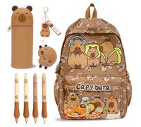 Capybara Backpack School Bag with Stationery Set 8pcs, Cartoon Animal Large Capacity Backpack,Kawaii 2 in 1 Stand Up Pen Holder Pouch,Kapibara Erasable Pen Keychain Stationery Supplies for Kids