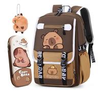 Capybara Backpack Set, Capybara School Backpack with Pencil Case Keychain Children's Backpack Cartoon Backpacks Light Leisure Bookbag Daypack Bags Double Shoulder Bag for Children(E)