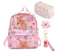 Capybara Backpack Set - Pink Girls School Bag,Kawaii 9-Layer Pencil Case & Keyring | Large Capacity Nursery & Primary School Bookbag Set Animal Rucksack for Kids | Cute Kawaii Stationery Gift (B)