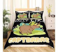 Capybara Bedding Set Single Size Kids Gifts for Capybara Lovers Comforter Cover Set for Boys Teens Capybara Animals Lovers Duvet Cover Leaf Pattern Green Black Bedspread Cover Room Decor Boys