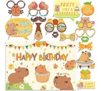 Capybara Birthday Party Decorations Set 25 PCS Photo Booth Props with 150x100cm Backdrop Cute Capy Theme Party Supplies for Kids Girls Boys Woodland Animal Birthday Decorations