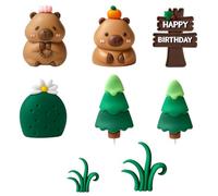 Capybara Cake Topper, 8-Piece Jungle-Themed Birthday Decorations Set with Trees and Grass,Adorable Capybara Cake Decorations for Birthday Parties, Baby Showers, Animal Theme Celebrations