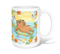 Capybara Ceramic Coffee Mug, Summer Tropical Pineapple Hibiscus Summer Yellow Novelty Tea Mug with Handle Ideal for Friends Family Lovers Eldership Senior Co-Worker 15 Oz