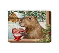 Capybara Dish Drying Mats for Kitchen Counter, Cozy Red and Green Absorbent Rubber Dish Drainer Rack Mat, Holiday Pu Leather Drying Pad for Coffee Bar Protector 18x24 Inch