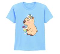 Capybara Drinking Tropical Juice with Daisy Flower Girls T-Shirt Capybara Animal Summer Birthday Daughter 7-8 Years Sky Blue