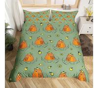 Capybara Duvet Cover Double,Funny Capybara In The Water Comforter Cover for Kids Boys,Cute Brown Capybara Bedding Set,Yellow Fruit Decor Bedspread Cover,Kawaii Rodent Animals Green Quilt Cover
