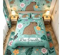 Capybara Duvet Cover Set Single Size, South America Animal Bedding Set 2pcs for Kids Boys Room Decor, Tropical Flowers Leaves Birds Comforter Cover Soft Polyester Quilt Cover with 1 Pillowcase