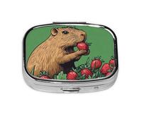 Capybara Eat Strawberry Pattern Pill Case Pill Box Travel Pill Organizer Small Square Medicine Box for Purse & Pocket Gifts