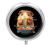 Capybara Eating Japanese Ramen Noodles Pill Box Cute Metal Round Pill Case with 3 Compartments and Mirror for Vitamin Fish Oils