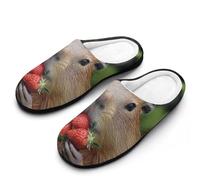 Capybara Eating Strawberry Men's House Slippers Memory Foam Washable Cotton Slip on Home Shoes