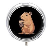Capybara Enjoying Bubble Tea Mini Pill Box Portable Vitamins Organizer 3 Compartment Pills Case for Pocket Purse
