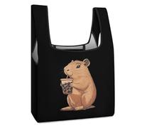 Capybara Enjoying Bubble Tea Reusable Shopping Bags Foldable Grocery Bag Heavy Duty Tote for Women Men