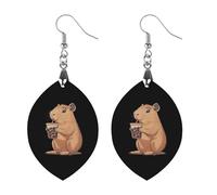 Capybara Enjoying Bubble Tea Trendy Wooden Earrings Lightweight Charms Pendant Hooks Gifts for Women Circular