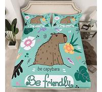 Capybara Fitted Sheet Double Size, South America Animal Bedding Set 3pcs for Kids Boys Teens, Tropical Flowers Leaves Birds Bed Cover with 2 Pillowcases, Soft Polyester Bedding