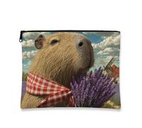 Capybara Floral Makeup Bag, Lavender Fields Vintage Farmhouse Cosmetic Travel Pouch for Women, Portable Small Canvas Zipper Organizer, Spring Festival Gift Toiletry Bag, Lavender, 7x9 Inch, Capybara