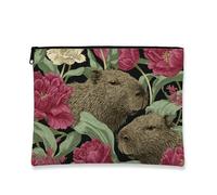 Capybara Floral Makeup Bag, Vintage Botanical Cosmetic Travel Pouch for Women, Portable Small Canvas Zipper Organizer, Nature Gift Toiletry Bag, Spring Festival Essentials, Black, 7x9 Inch