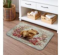 Capybara Floral Quick Dry Bath Mat, Vintage Red Berries Plants Absorbent Non Slip Shower Mat, Winter Flannel Washable Bath Rugs for Bathroom Toilet Restroom Decorative 20x32 Inch