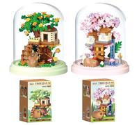 Capybara & Flower Building Set 2PCS Tree House Building Set with Cover Cherry Blossom Tree Botanical Construction Blocks Creative Garden Decor for Home Display