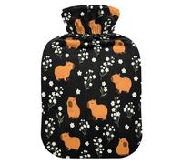 Capybara Flowers Black Hot Water Bottle with Cover for Pain Relief Hot Bag for Shoulder Pain, 2L