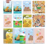 Capybara Gift Bag 50pcs With 100pcs Kawaii Animal Stickers Decals,Plastic Colorful Cute Capybara Pattern Party Favor Bags With Handles For Snacks Candies Birthday Decoration Party Supplies