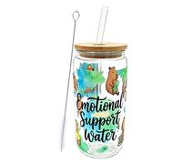 Capybara Glass Cup with Lid and Straw - 18oz "Emotional Support Water" Cute Animal Iced Coffee Cup - Double-Sided UV Print Watercolor Capybara Gifts for Women, Girls - Includes Straw Cleaning Brush