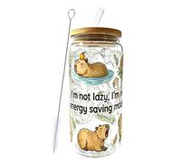 Capybara Glass Cup with Lid and Straw 18oz "I'm not lazy, I'm in energy saving mode" Capybara Gift for Women Teens for Animal Lovers Birthday, Christmas - Double-Sided UV Print Cute Animal Iced Coffee