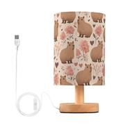 Capybara Hearts Flowers Table Lamp Set with Linen Fabric Lampshade LED Light Without Bulb with Base, USB Charging Ports Perfect Night Stand Light Lamp for Bedroom Living Room Office
