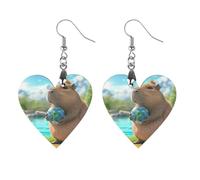 Capybara Hold Earth Printed Wooden Earrings for Women Trendy Lightweight Charms Pendant Jewelry Love