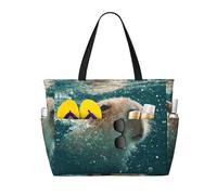 Capybara is Swimming Print Large Waterproof Beach Tote Bag for Women with Zip and Pockets Foldable Handbag for Travel Pool Shopping Holiday Gym