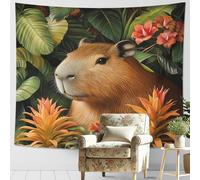 Capybara Jungle Tapestry, Vibrant Green and Orange Floral Wall Hanging, Tropical Decor for Bedroom, Living Room, Or Exotic Events, Cozy Tapestry Art 60x50 Inch