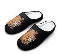 Capybara Loves Bubble Tea Men's Cotton Slippers Soft Cotton-Lining Warm Home Shoes Non-Slip Washable 9-10（42-43）