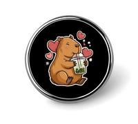Capybara Loves Bubble Tea Round Badge Pin Metal Memorial Brooch Button Lapel Pins for Backpack Wedding