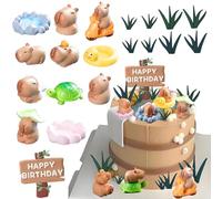 Capybara Mini Figures Cake Toppers Set,Cute Capybara Figurines with Grass & Birthday Sign Cupcake Toppers DIY 20pcs Miniatures Resin Animals Dollhouse Landscape Decor Cake Decoration Toys Gifts
