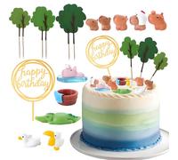Capybara Mini Figures Cake Toppers Set,Cute Capybara Figurines with Trees & Birthday Sign Cupcake Toppers DIY 17pcs Miniatures Resin Animals Dollhouse DIY Landscape Decor Cake Decoration Toys Gifts