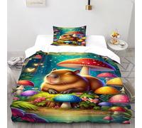 Capybara Mushroom Bedding Set 3D Digital Printing Animal Theme Duvet Cover Set Chic Breathable Quilt Cover for Boys & Girls with Pillow Single（135x200cm）