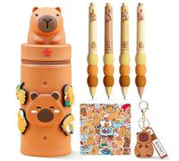 Capybara Pencil Case Set 56 Pieces - Kawaii Stationery Set with 4 Erasable Pens Cute Capybara Keychain & 50 Stickers - Soft Silico Pencil Case for School Office Supplies Gift for Kids Girls Boys