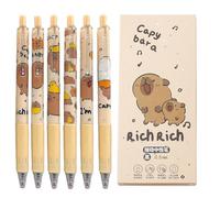 Capybara Pens - Capybara Erasable Gel Pens | 0.5mm Fine Point Cartoon Retractable Pens | 6x Soft Grip Aesthetic Pens | Black Ink Novelty Animal Pens for Note Taking Planner Crossword Puzzles