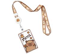 Capybara Persimmon Card Holder with Brown Edge Extendable Lanyard, Cute Animal ID Badge Holder for Work, School, College, NFC Compatible, Durable Plastic Card Sleeve with Adjustable Strap