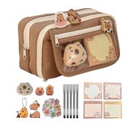 Capybara Plush Pencil Case | Capybara Print Quirky Fun Cute Pencil Pouch with Compartments,Open Wide Pen Pouch Canvas with Cute Pins for Stationery