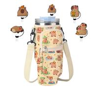 Capybara Print Stanley Cup Bag, Cup Holder for Stanley 40oz Tumbler with Handle, Stanley Carrier Bag with 4Pcs Capybara Straw Toppers for Stanley Cup Accessories