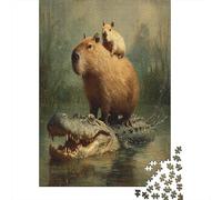 Capybara Riding An Alligator Jigsaw Puzzles for Adults And Kids. 1000 Pieces Whimsical Challenge Toy Educational Game Home Decor 38x26cm/1000pcs